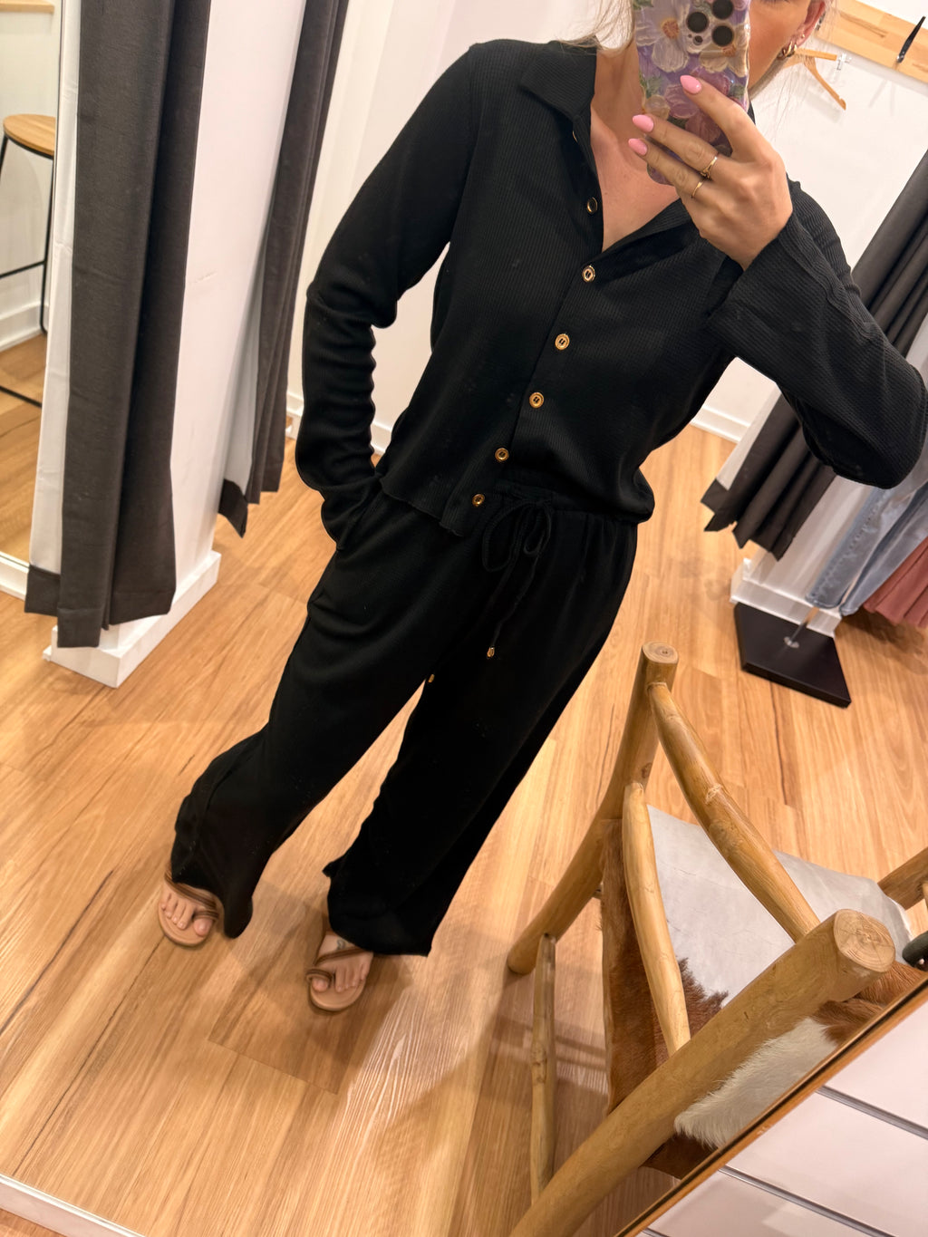 Waffle knit top - Black