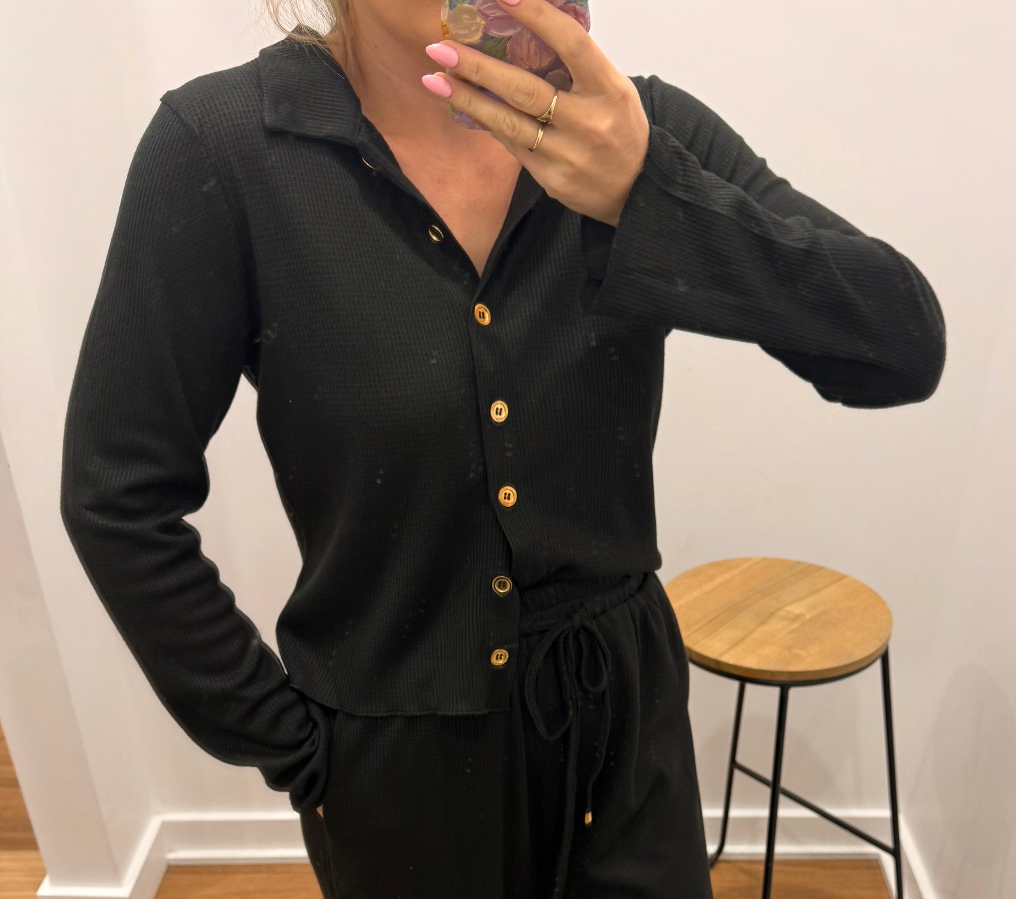 Waffle knit top - Black