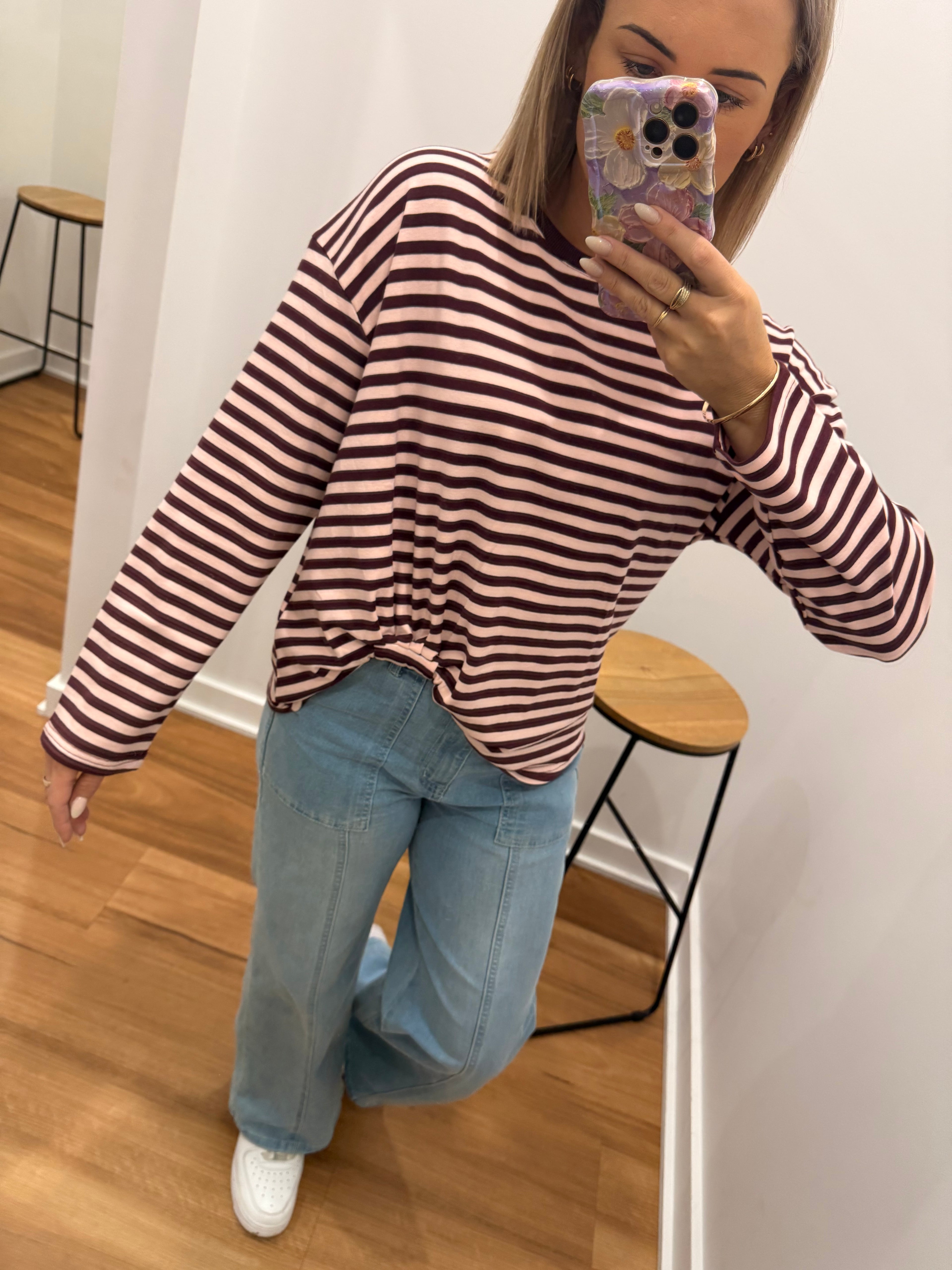 Long Sleeve Easy Tuck - Wine/ Blush Pink