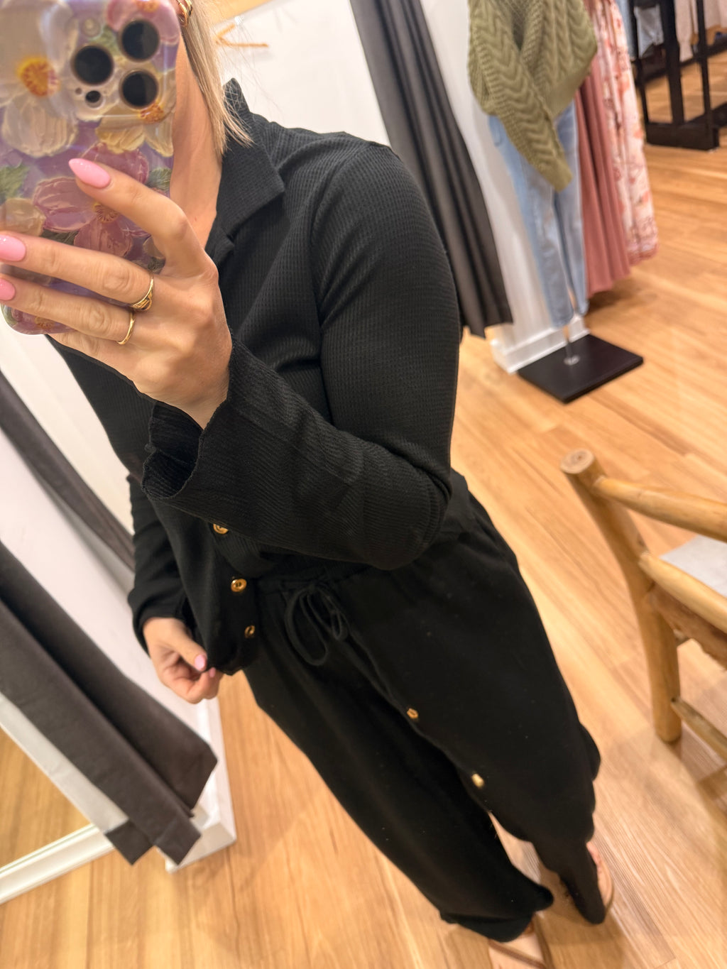 Waffle knit top - Black