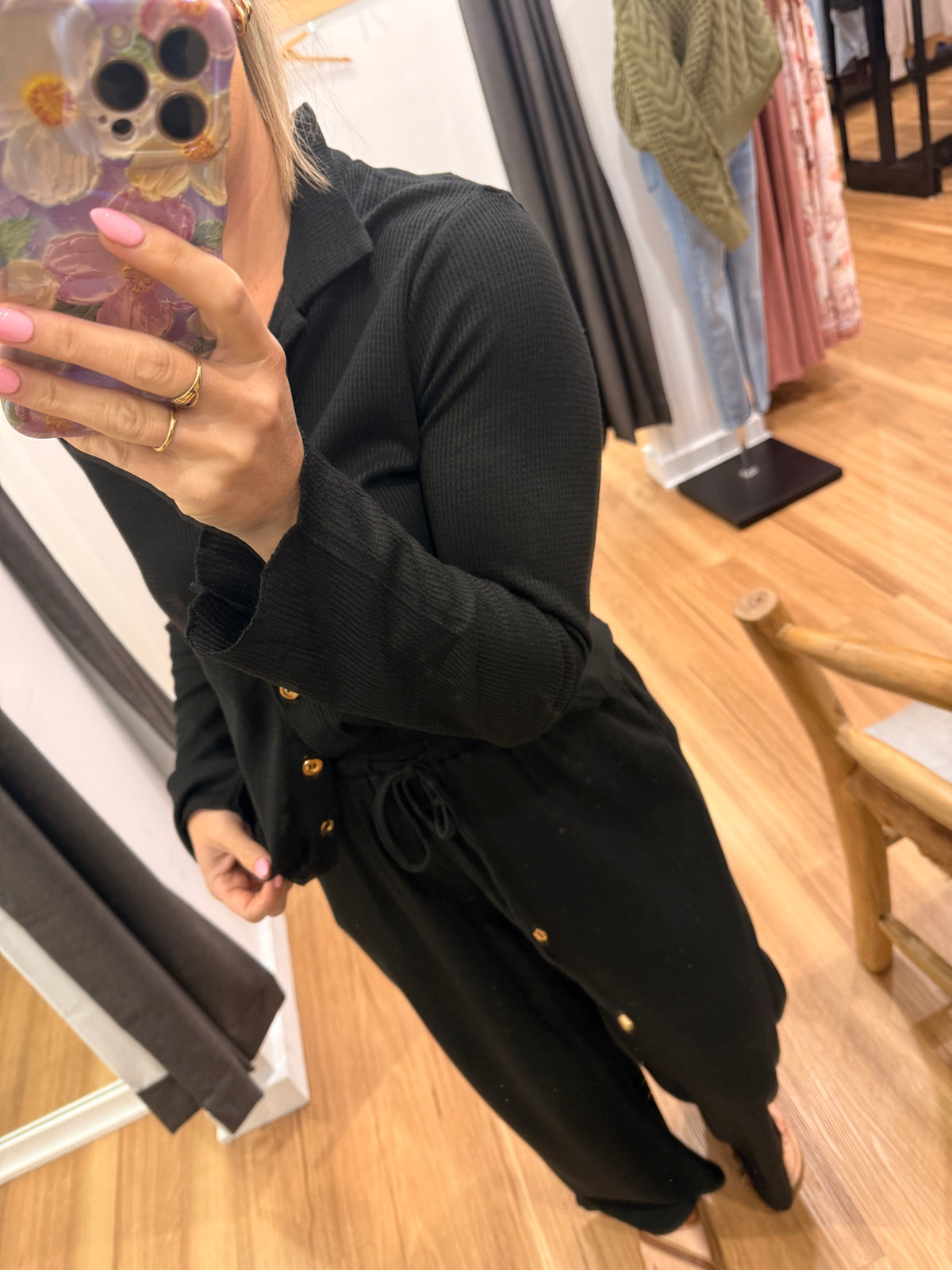 Waffle knit top - Black